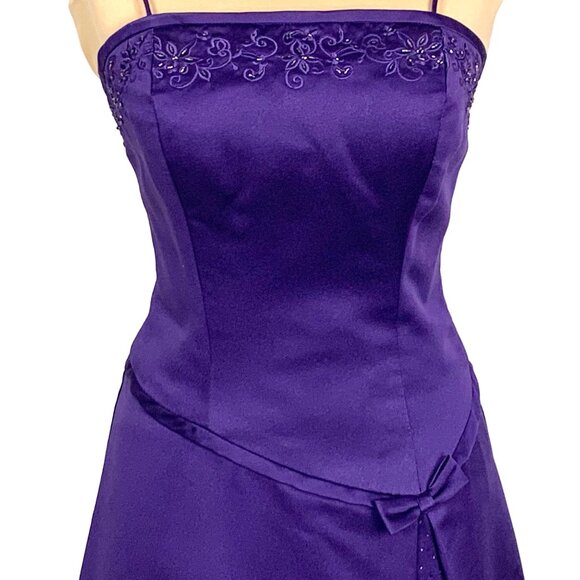 Mori Lee Madeline Gardiner Purple Satin Midi Evening Gown 5/6 Spaghetti Straps - Picture 2 of 12